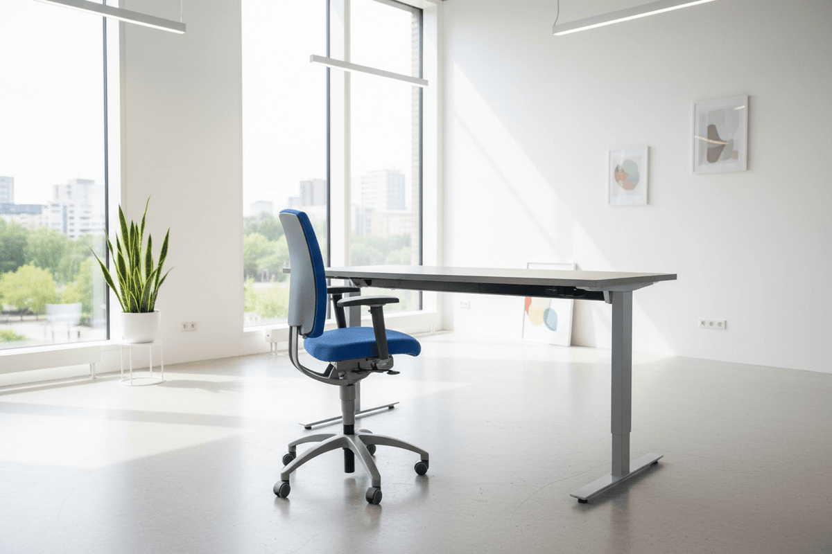 Circulair Handmatig Verstelbaar Bureau Lichtgrijs T - poot Frame Bladkleur naar Keuze | Circufair - Kantoormeubelen