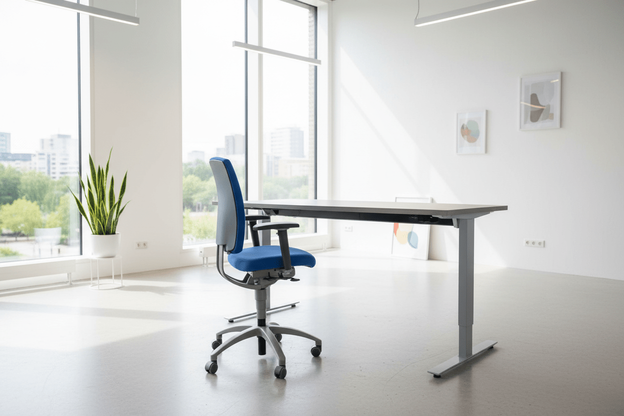 Circulair Handmatig Verstelbaar Bureau Lichtgrijs T - poot Frame Bladkleur naar Keuze | Circufair - Kantoormeubelen