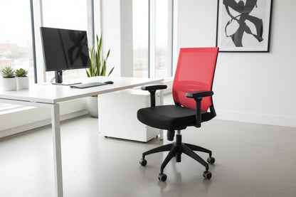 Circulaire Bureaustoel Zwart | Rode Mesh Rugleuning | 3D Armleuningen | Lendesteun | NEN 1335 | Circufair - Bureaustoelen