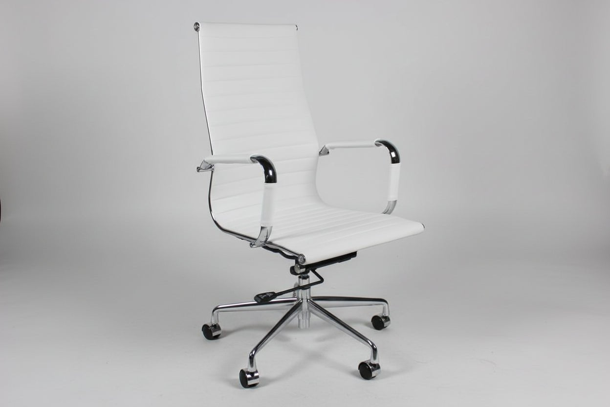 Circulaire Design Bureaustoel Wit Kunstleder Hoge Rugleuning Chroom Onderstel | Circufair - Kantoormeubelen