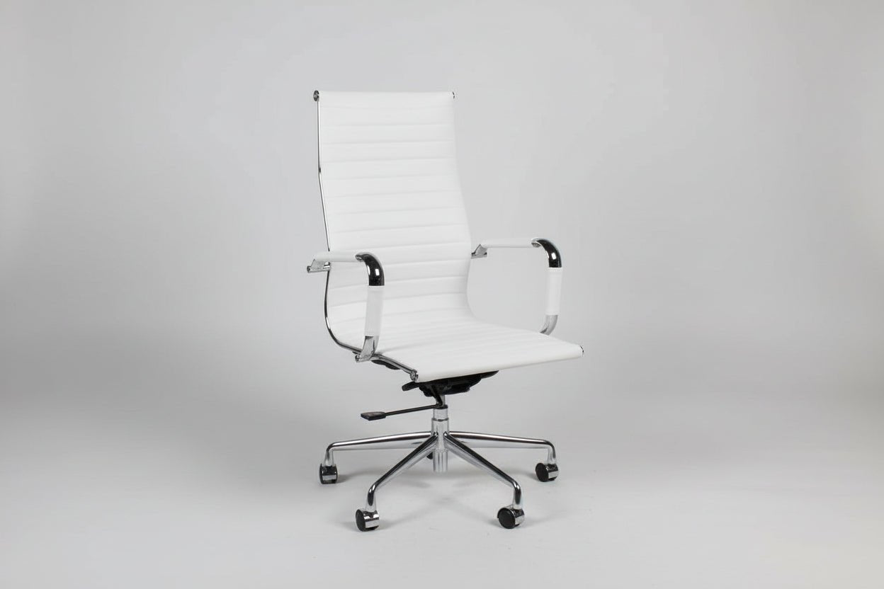 Circulaire Design Bureaustoel Wit Kunstleder Hoge Rugleuning Chroom Onderstel | Circufair - Kantoormeubelen