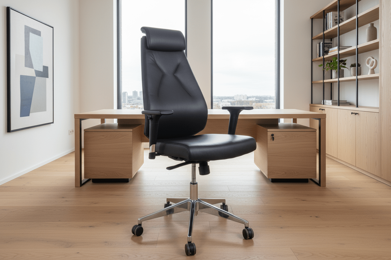 Circulaire Directie Bureaastoel Echt Leder Chroom Onderstel Ergonomisch | Circufair - Migration_Bureaustoelen