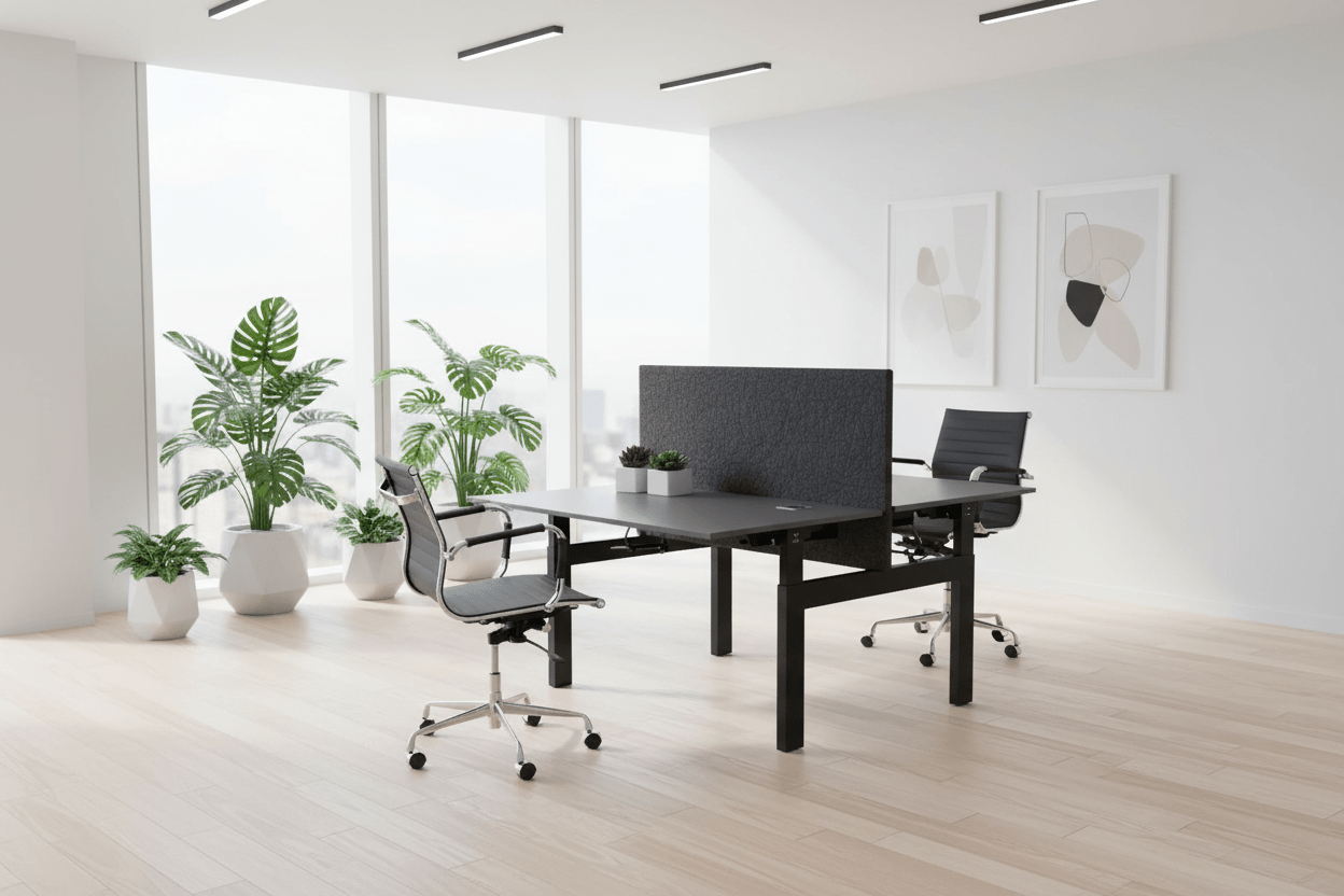 Circulaire Duo Werkplek Vepa Donkergrijs Blad Zwart Frame Akoestisch Scherm & Stroom | Circufair - Bureaus