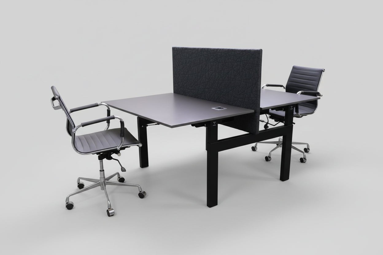 Circulaire Duo Werkplek Vepa Donkergrijs Blad Zwart Frame Akoestisch Scherm & Stroom | Circufair - Bureaus