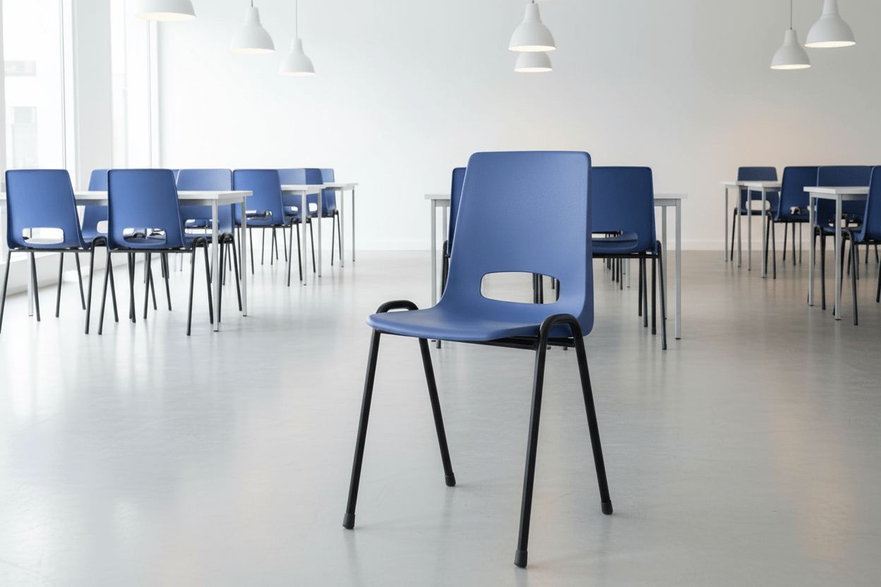 Circulaire Kantinestoel Blauw Kunststof Kuip Zwart Frame Stapelbaar | Circufair - Kantoorstoelen