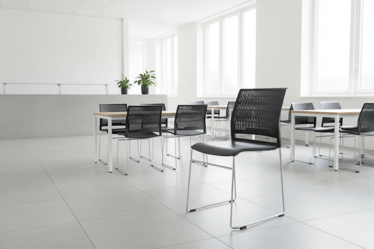 Circulaire Kantinestoel Zwart Verchroomd Frame Stapelbaar & Koppelbaar | Circufair - Kantoorstoelen