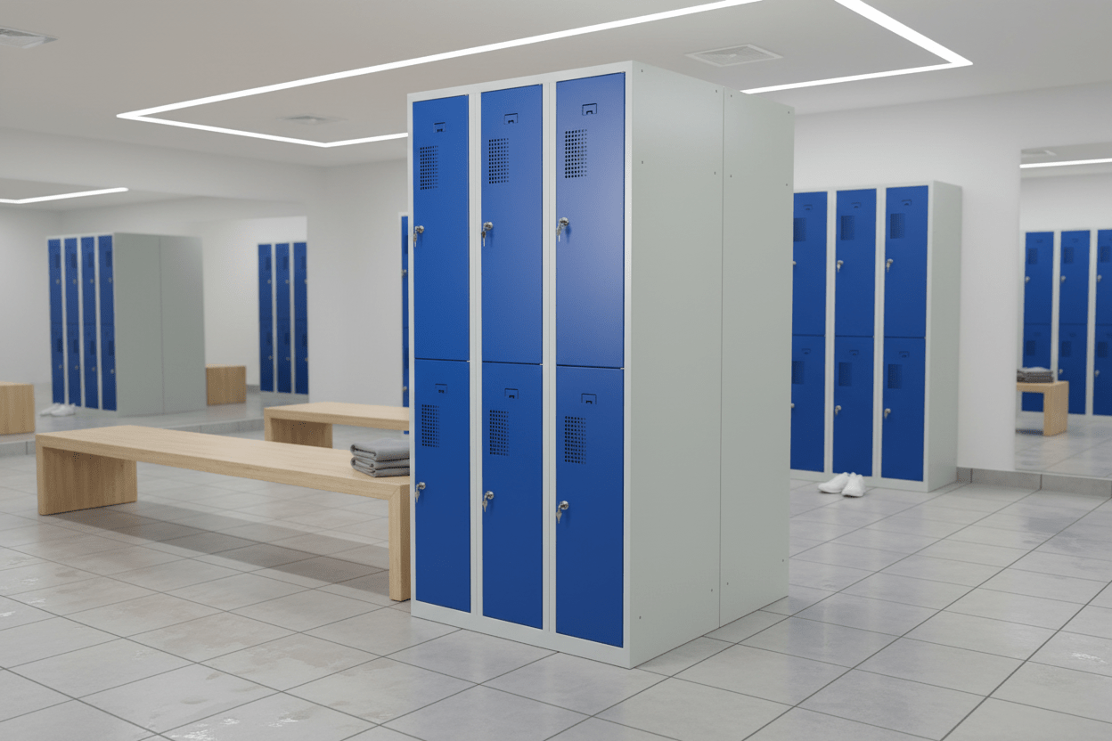 Circulaire Lockerkast Grijs Metaal Blauwe Deuren 6 Vakken | Circufair - 