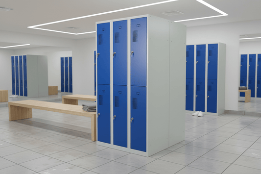 Circulaire Lockerkast Grijs Metaal Blauwe Deuren 6 Vakken | Circufair - 