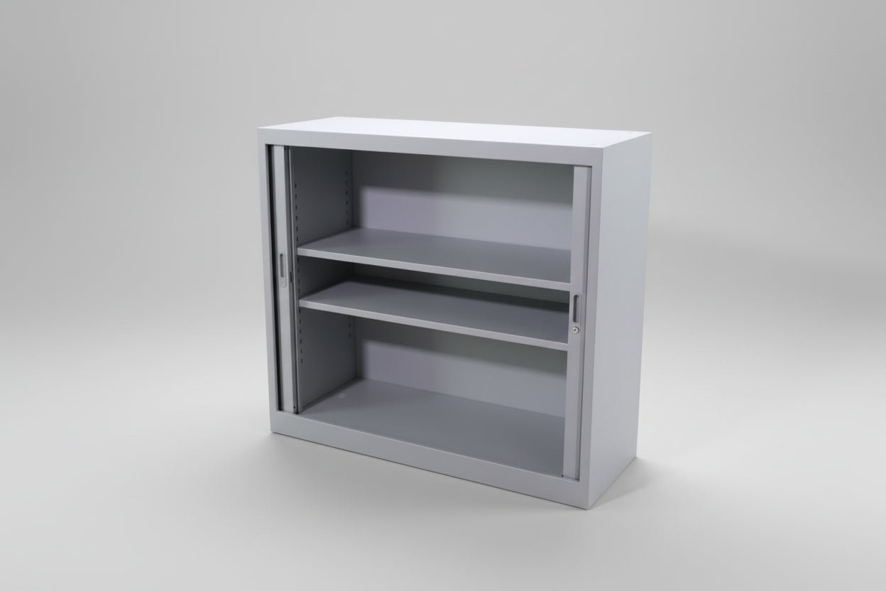 Circulaire Roldeurkast Zilvergrijs 2 Legborden 120x105x45 cm Jong Gebruikt | Circufair - Kasten