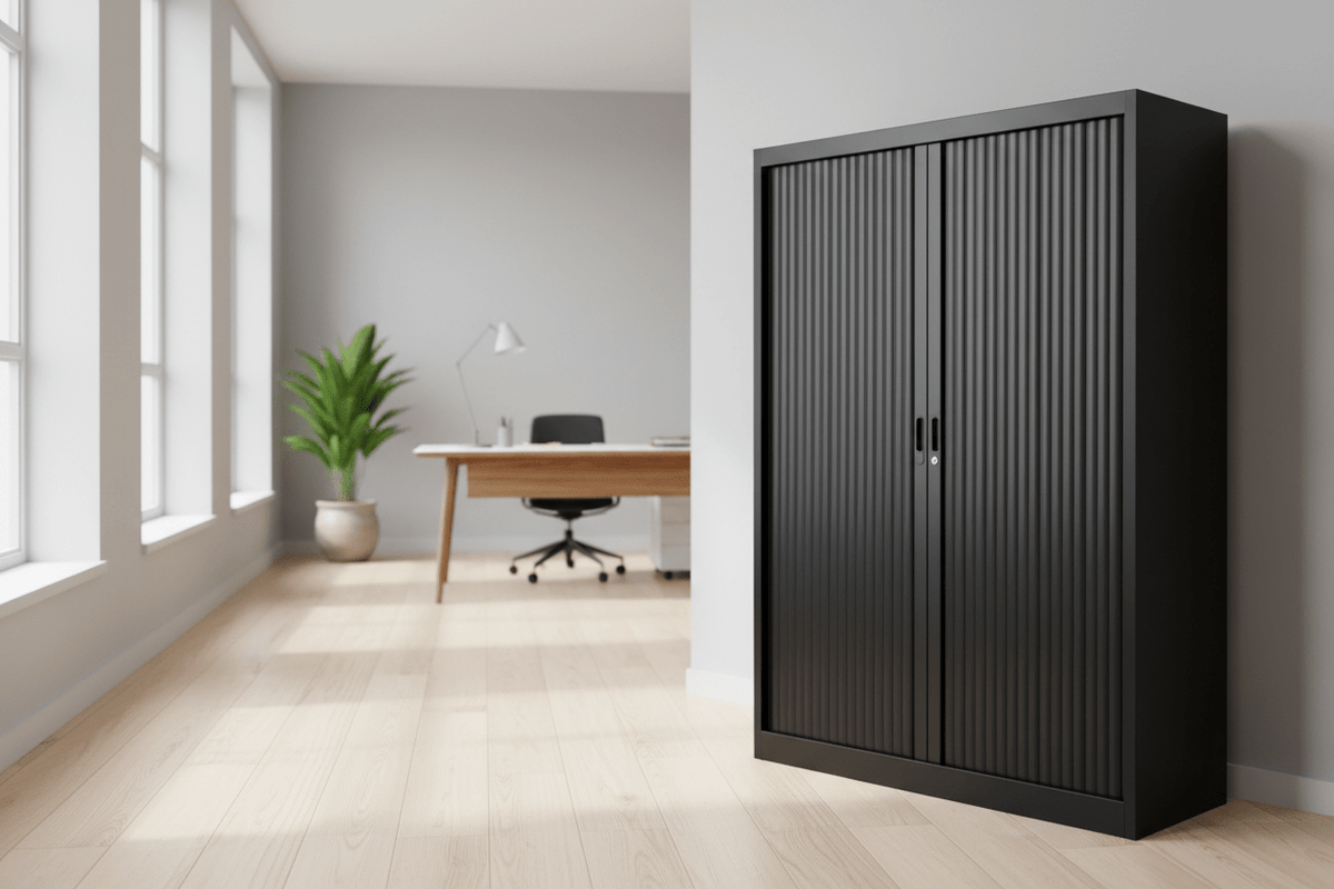 Circulaire Roldeurkast Zwart 3 Legborden 160x120x45 cm Afsluitbaar | Circufair - Kasten