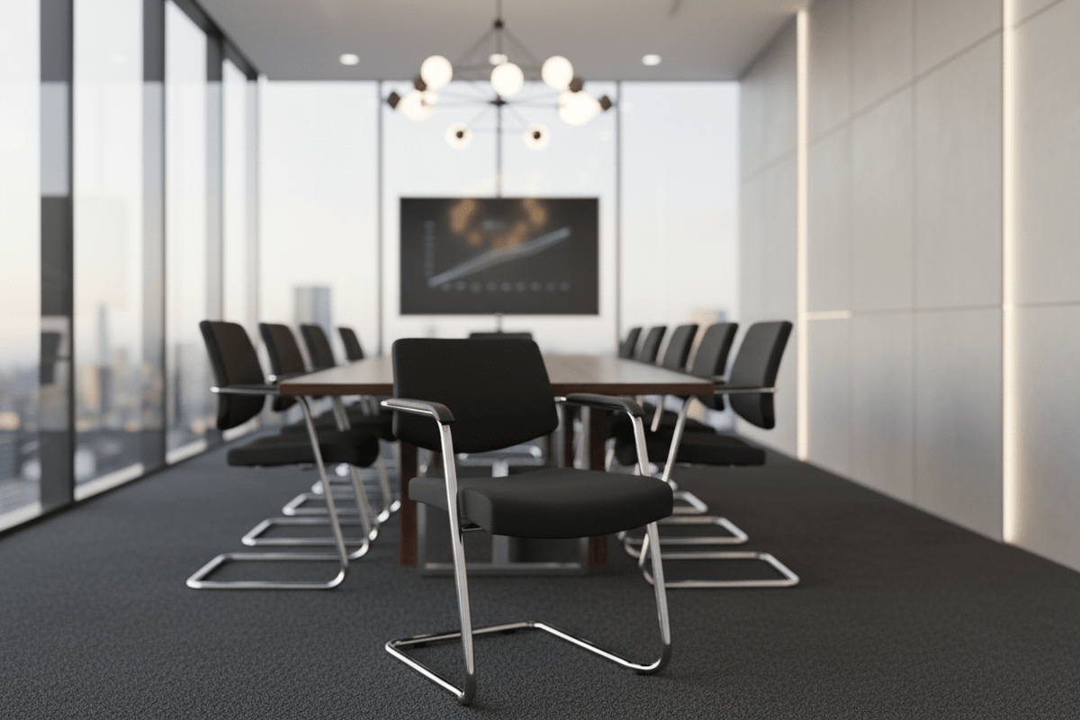 Circulaire Vergaderstoel Zwart Gestoffeerd Chroom Sledeframe Stapelbaar | Circufair - Vergaderstoelen